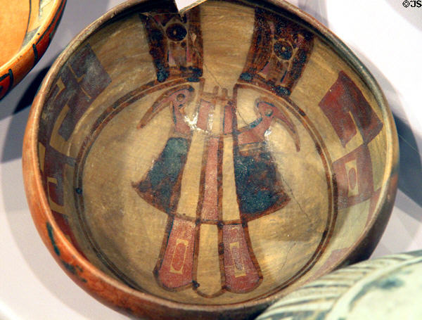 Pottery Mound on Rio Grande polychrome glazed pottery bowl with birds (c1325-1500s) at Maxwell Museum of Anthropology. Albuquerque, NM.
