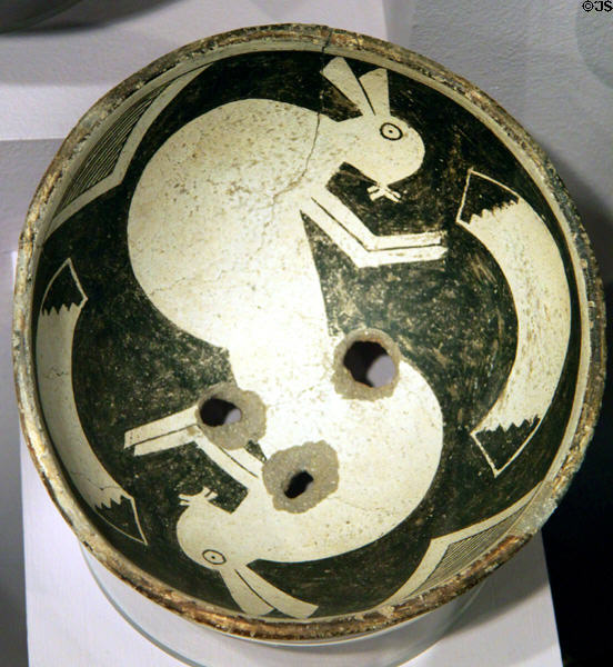Mimbres classic black-on-white pottery bowl with rabbits (c1000-1150) at Maxwell Museum of Anthropology. Albuquerque, NM.