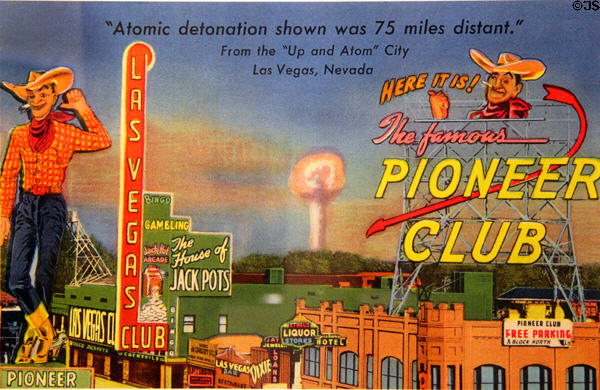 Postcard of Las Vegas with atomic mushroom cloud over test site in distance at National Museum of Nuclear Science & History. Albuquerque, NM.