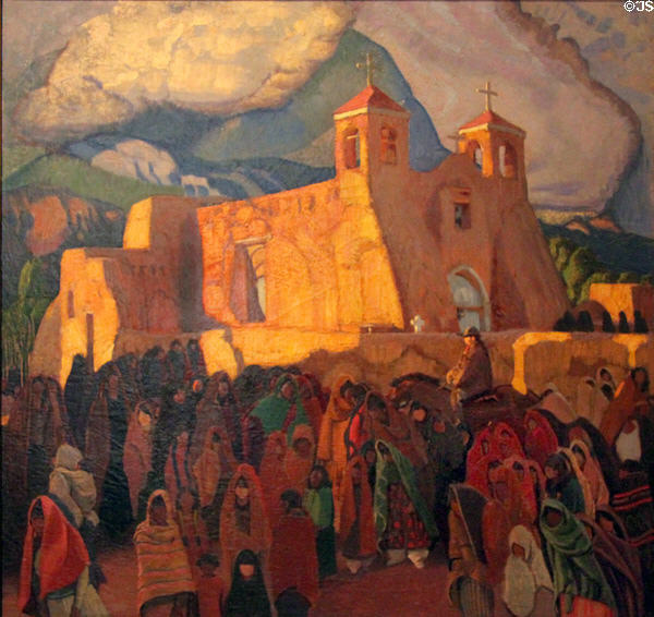Church at Ranchos painting (1921-9) by Ernest L. Blumenschein at Blumenschein Home & Museum. Taos, NM.