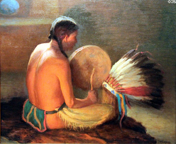 Chant to the Warbonnet painting by Joseph H. Sharp at Harwood Museum of Art. Taos, NM.