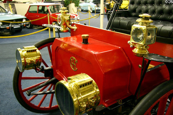 Brass lamps of International Harvester Auto-Wagon (1910) at Auto Collection at Imperial Palace. Las Vegas, NV.
