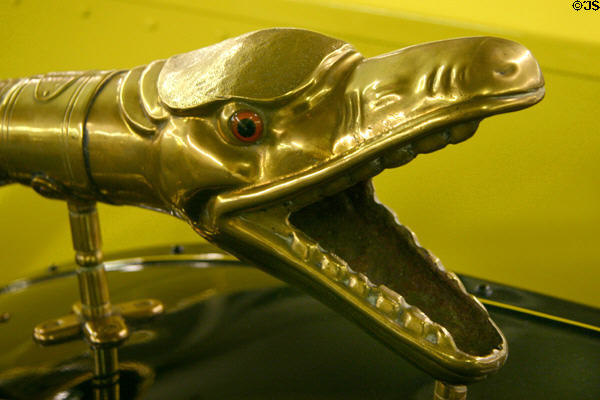 Monster's head megaphone of horn on American LeFrance Speedster (1918) at Auto Collection at Imperial Palace. Las Vegas, NV.