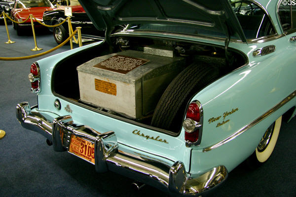 Howard Hughes' Chrysler New Yorker (1954) with bacterial & dust filter unit in trunk at Auto Collection at Imperial Palace. Las Vegas, NV.