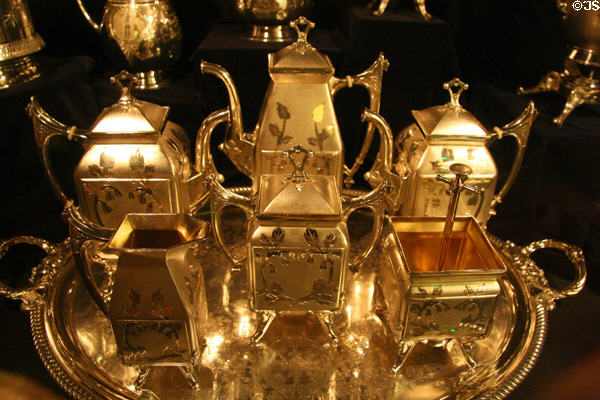 Silver coffee & tea service with square vessels at Nevada State Museum. Carson City, NV.