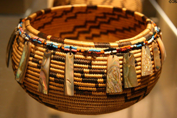 Degikup Native American basket with abalone shell pendants (1901) by Nancy Bill at Nevada State Museum. Carson City, NV.
