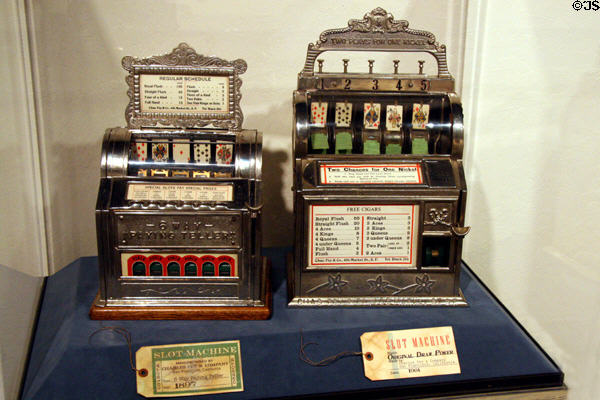 6-Way Paying Teller (1897) & Original Draw Poker (1901) slot machines by Fey at Nevada State Museum. Carson City, NV.
