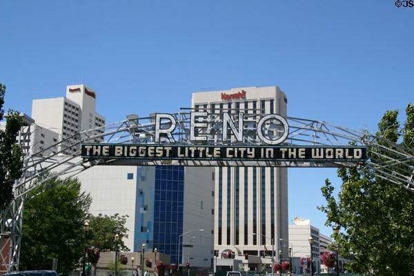Reno Arch (1926 with neon letters added 1935) originally celebrated Lincoln Highway & moved in 1995 over Sinclair St. at Truckee River. Reno, NV.