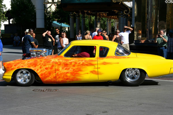 Yellow hotrod with red flames on street in Reno. Reno, NV.