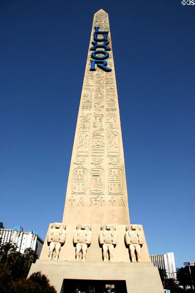 Luxor Las Vegas Hotel sign on ancient Egyptian-style obelisk at Luxor Las Vegas Hotel. Las Vegas, NV.
