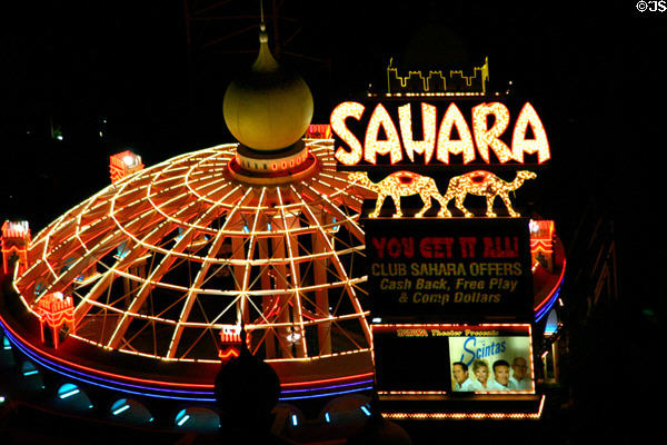 Sahara Hotel (2535 Las Vegas Blvd. South) entrance structure at night. Las Vegas, NV.
