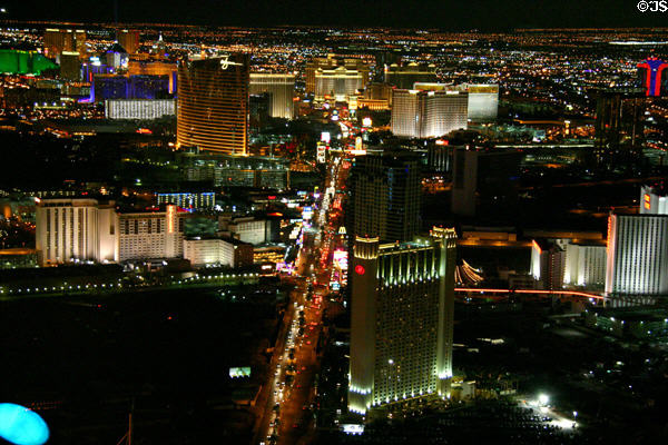 View of the Strip at night from top of Stratosphere Tower. Las Vegas, NV.
