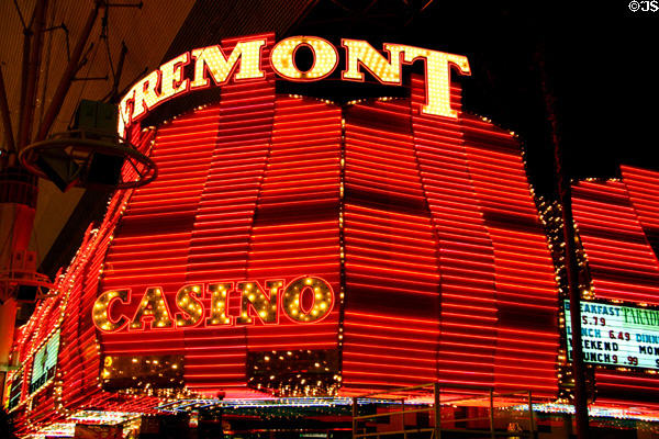 Freemont Casino sign at night on Freemont Street. Las Vegas, NV.