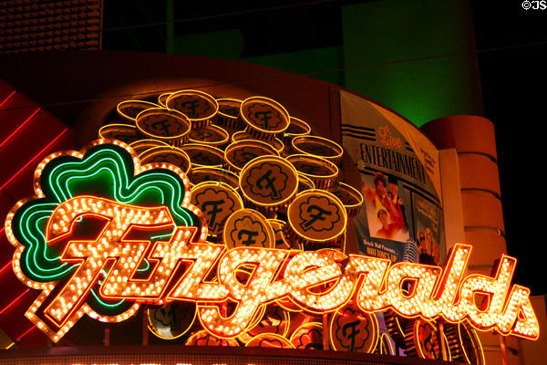 Fitzgeralds Casino sign at night on Freemont Street. Las Vegas, NV.