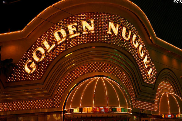 Golden Nugget Casino sign at night on Freemont Street. Las Vegas, NV.