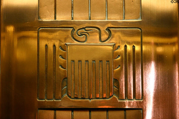 Brass American Eagle shield decorates elevator of Hoover Dam. Las Vegas, NV.