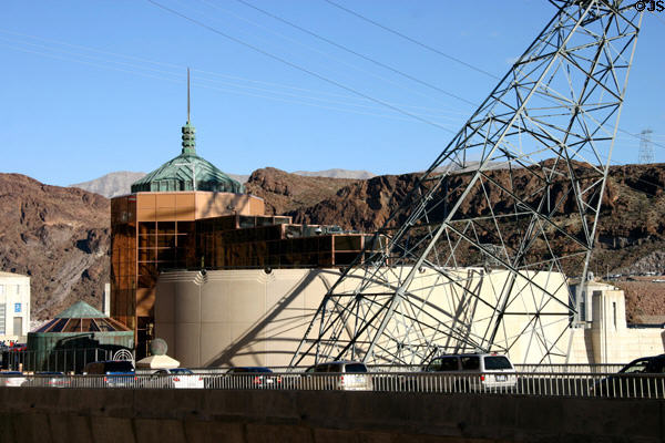 Hoover Dam visitor center beside electrical pylon. Las Vegas, NV.