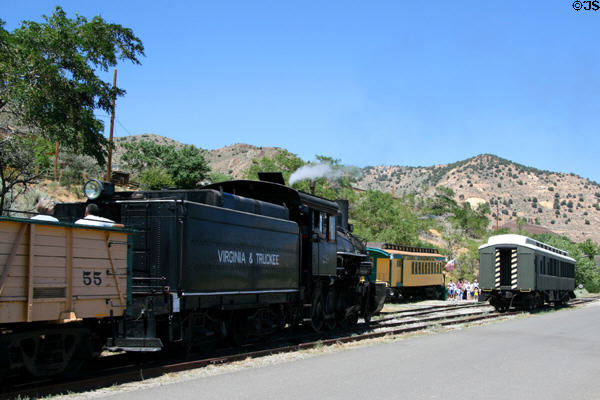 Virginia & Truckee steam locomotive #29 & tender amid passenger cars. Virginia City, NV.