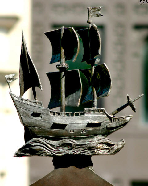 Detail of model sailing ship on Statue of Assiduity. Albany, NY.