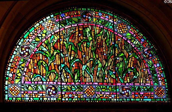 Stained glass in Governor's reception room showing corn agriculture in New York State Capitol. Albany, NY.