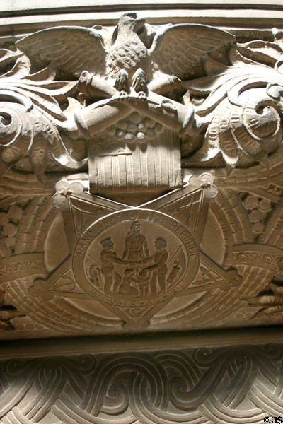 Relief carving of Grand Army of the Republic Veterans shield in New York State Capitol. Albany, NY.