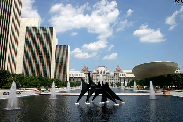 Alexander Calder's sculpture Triangles and Arches (1965) sits in Empire Plaza fountain in front of Agency Towers, State Capitol & The Egg. Albany, NY.