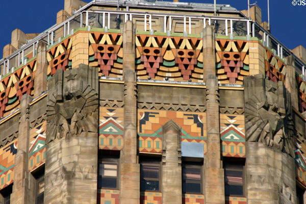 Tile & Art Deco carvings detail of octagonal crown of Buffalo City Hall. Buffalo, NY.