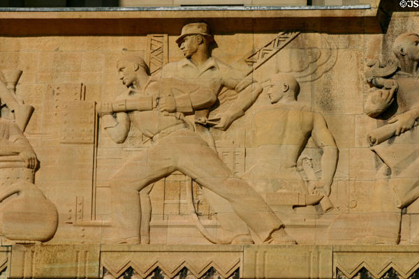 Section of relief on facade of City Hall showing workers riveting. Buffalo, NY.