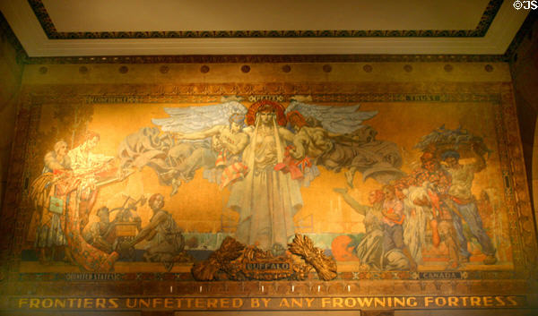 Buffalo City Hall Art Deco mural by William de Leftwich Dodge showing Peace between the United States & Canada with the Peace Bridge & winged goddess joining the two halves. Buffalo, NY.