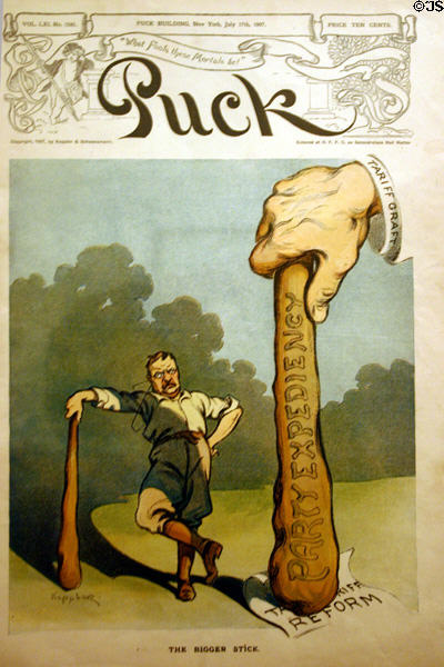 Puck magazine cartoon of Theodore Roosevelt with his big stick in Inaugural Site. Buffalo, NY.