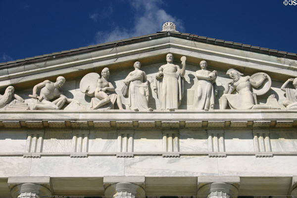 Greek-temple style frieze including Art Nouveau figures on Historical Society Museum, only remaining structure of 1901 Pan American Exhibition. Buffalo, NY.