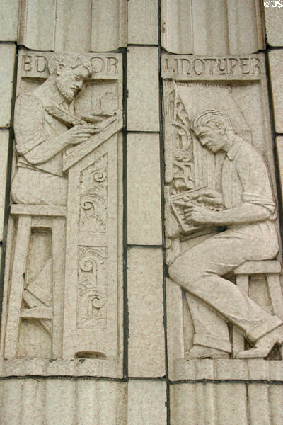 Reliefs of editor & linotyper on former newspaper Courier Express Building. Buffalo, NY.
