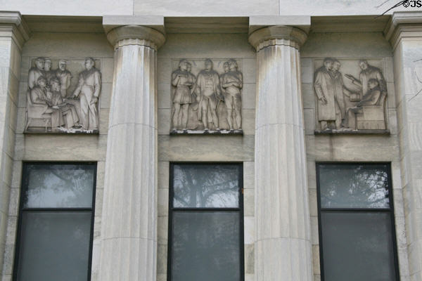Landmarks in government reliefs on facade of Buffalo History Museum (BECHS). Buffalo, NY.