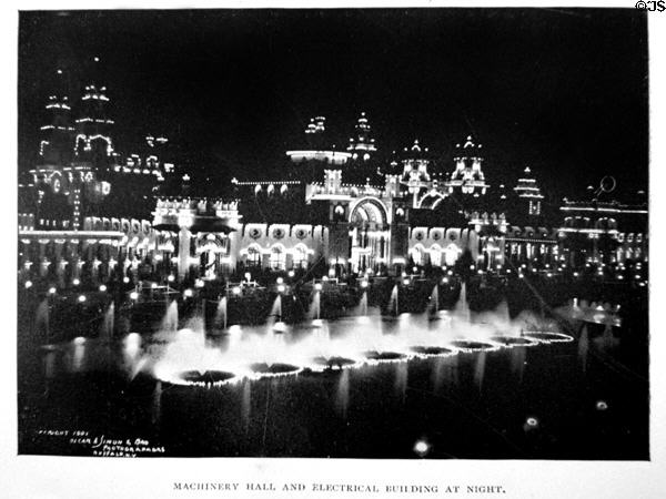 Graphic of Machinery Hall & Electrical Building at Night in Around the Pan by Thomas Fleming. NY.