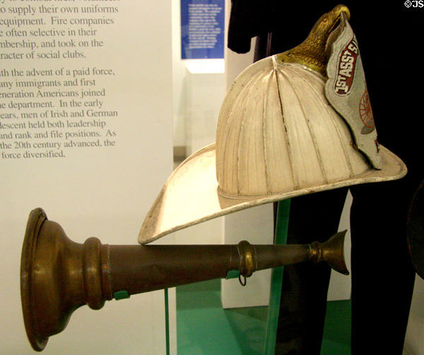 Antique fire helmet & horn (1860s-70s) at Buffalo History Museum (BECHS). Buffalo, NY.
