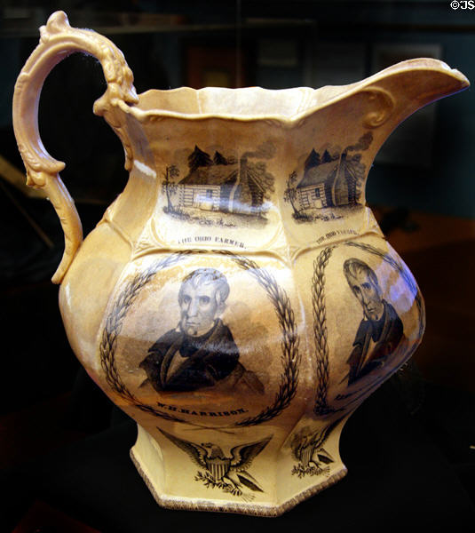 W.H. Harrison, the Ohio Farmer commemorative earthenware pitcher (c1840) by American Pottery Co., Jersey City, NJ at Buffalo History Museum (BECHS). Buffalo, NY.
