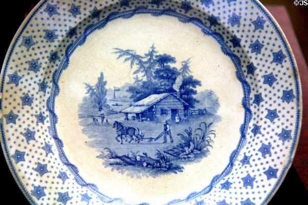 Columbian Star plate with scene of life of W.H. Harrison (c1840) by Ridgeway of Shelton, England at Buffalo History Museum (BECHS). Buffalo, NY.