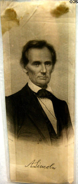 Abraham Lincoln campaign ribbon (c1860) without beard at Buffalo History Museum (BECHS). Buffalo, NY.