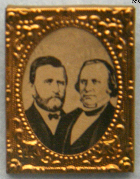 Print of Ulysses Grant & Henry Wilson on campaign pin (1872) at Buffalo History Museum (BECHS). Buffalo, NY.