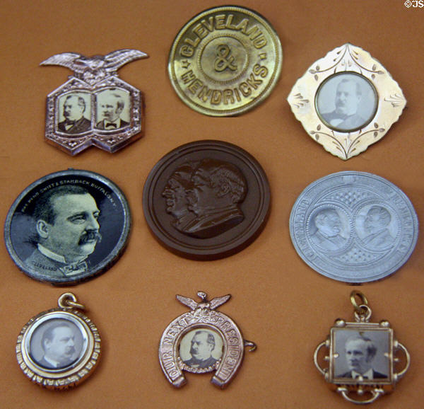 Various Grover Cleveland campaign medals at Buffalo History Museum (BECHS). Buffalo, NY.