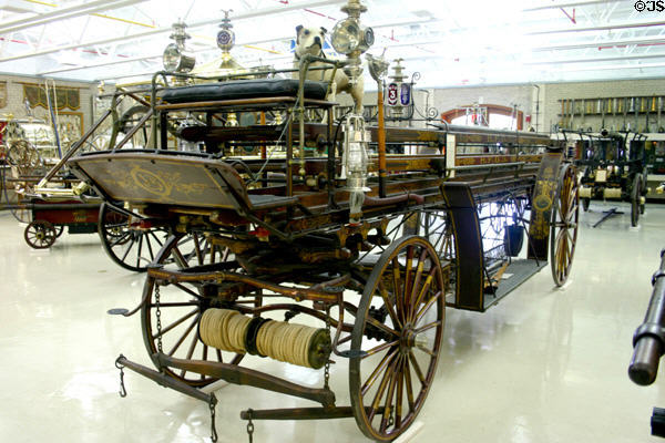 Hook & ladder truck (1900) by Rumsey & Co., Seneca, NY, converted to horse-drawn at FASNY Museum of Firefighting. Hudson, NY.