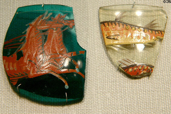 Painted Roman glass fragments with horses & fish (c25-75) at Corning Museum of Glass. Corning, NY.
