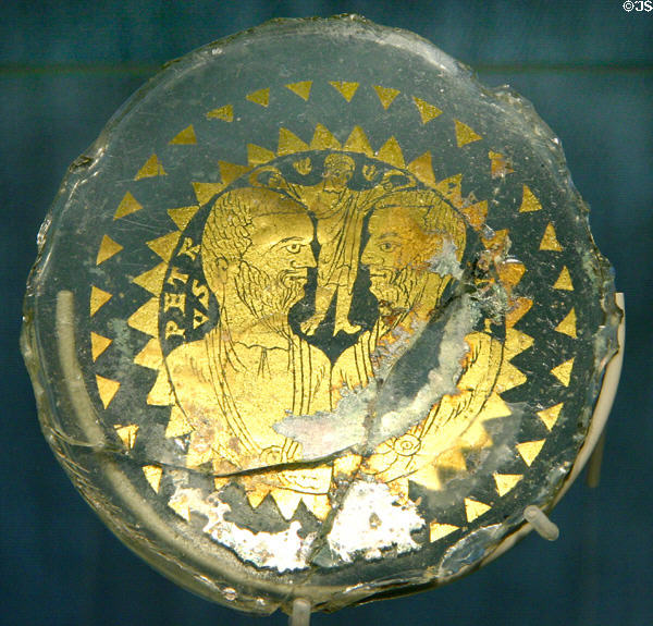Glass with gold applied portraits of Saints Peter & Paul (4thC) at Corning Museum of Glass. Corning, NY.