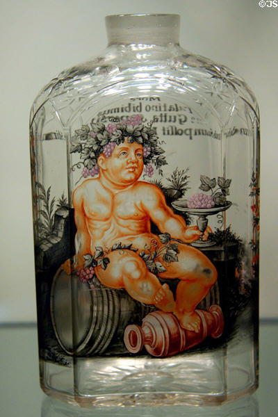 Bohemian glass heraldic flask with young Bacchus (1720-30) probably by Kronstadt with enamel by Ignaz Preissler at Corning Museum of Glass. Corning, NY.