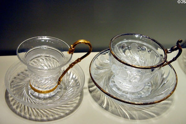 French glass cups & saucers (early 19thC) at Corning Museum of Glass. Corning, NY.