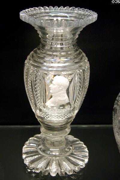 English sulphide plaque of Napoleon in cut glass vase (1820-30) by Falcon Glassworks at Corning Museum of Glass. Corning, NY.