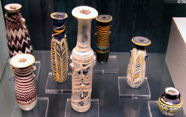 Eastern Mediterranean glass perfume bottles (alabastra) (6th-1stC BCE) at Corning Museum of Glass. Corning, NY.