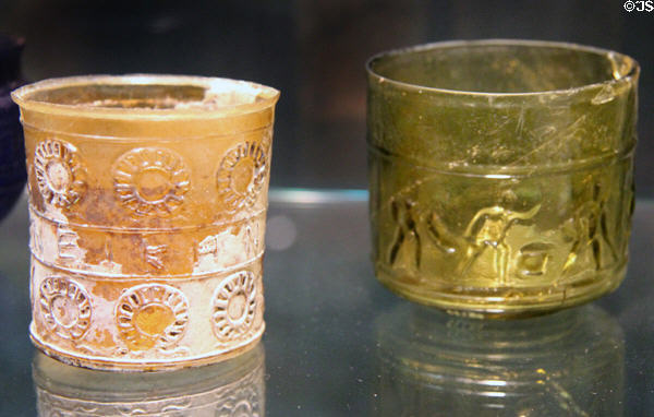 Roman mold-blown Victory Beaker & cup with Gladiators found in France (1stC) at Corning Museum of Glass. Corning, NY.