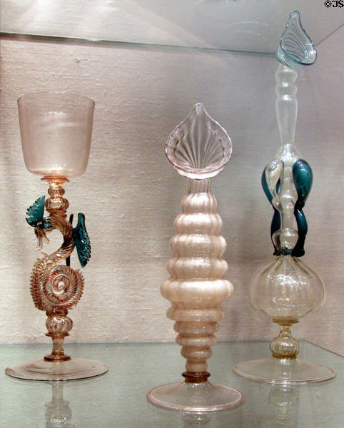 Venetian glass goblet with winged creature (1500-50) & rose water sprinklers (17th C or later) at Corning Museum of Glass. Corning, NY.