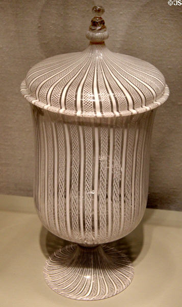 Latticino glass covered jar (late 16th- early 17thC) from Venice or Low Countries at Corning Museum of Glass. Corning, NY.